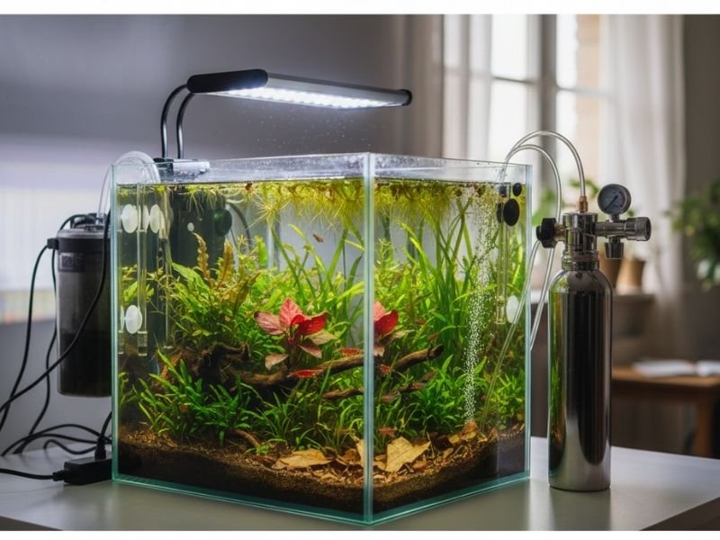 Aquarium high-tech avec équipement visible