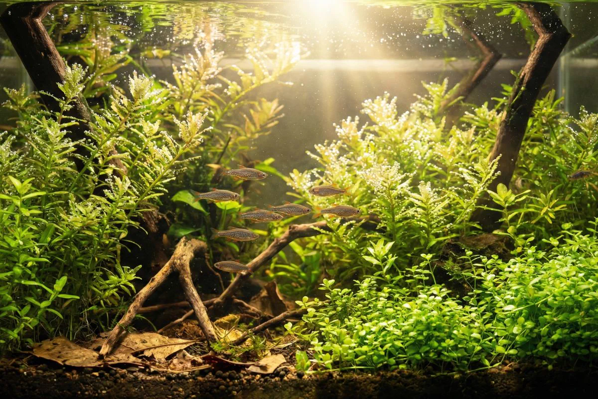 Exemple d'aquarium naturel équilibré en méthode Walstad : plantes luxuriantes, racines et eau claire sans filtration mécanique.