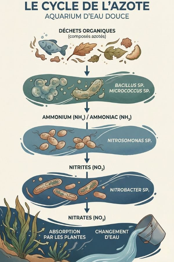 Schéma du cycle de l'azote en aquarium Low-tech