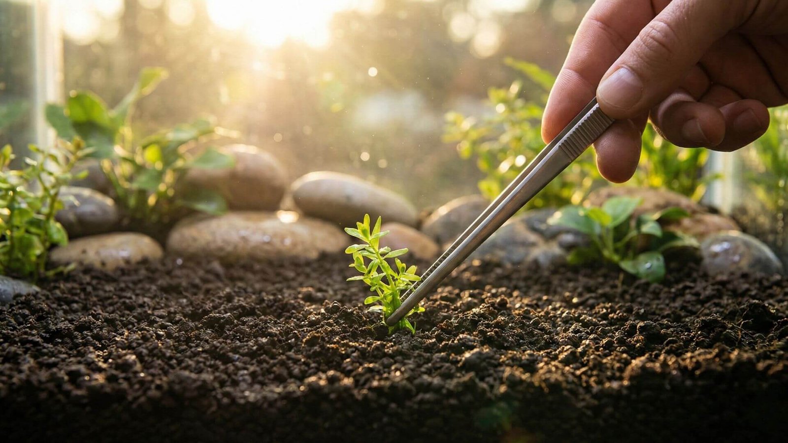 Section du site Aqua Lowtech expliquant le principe de substitution biologique : les plantes agissent comme 'poumons' pour remplacer la filtration et le sol nutritif sert de 'base' pour remplacer les engrais liquides, créant un écosystème vivant et autonome.
