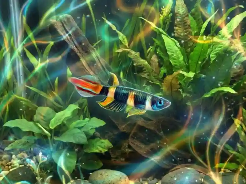 Épiplatys Killie en surface d'aquarium avec plantes flottantes