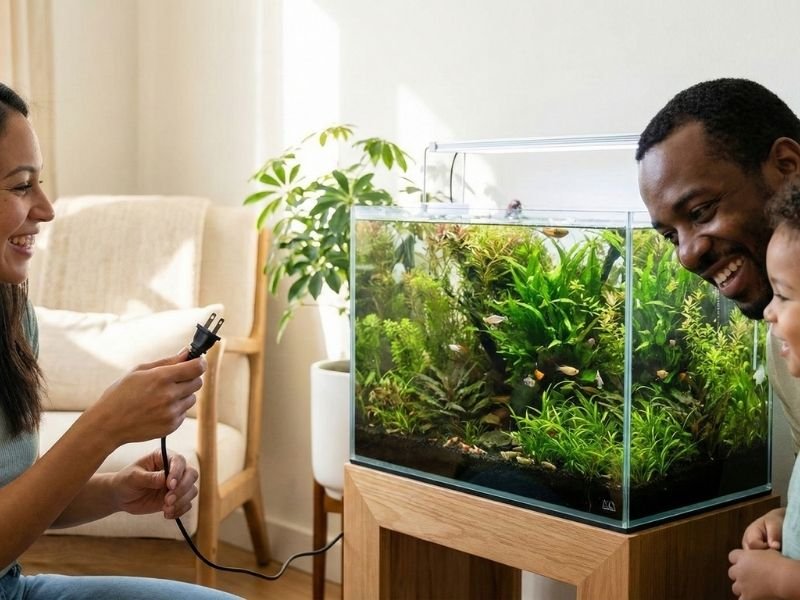 Une famille souriante débranchant le cordon d'alimentation de leur aquarium. Illustration de la simplicité et du silence de l'aquariophilie Low-tech sans pompe