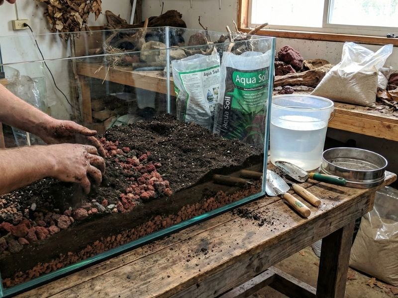 Mise en place du sol nutritif (terreau) recouvert de sable : l'estomac de l'aquarium en méthode Walstad.