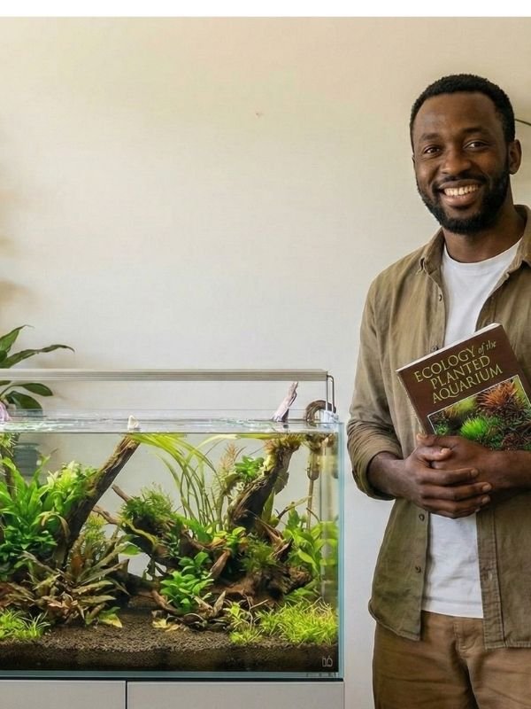 Nelson Sozinho devant son aquarium naturel Low-tech de 180L, fondateur d'Aqua Lowtech