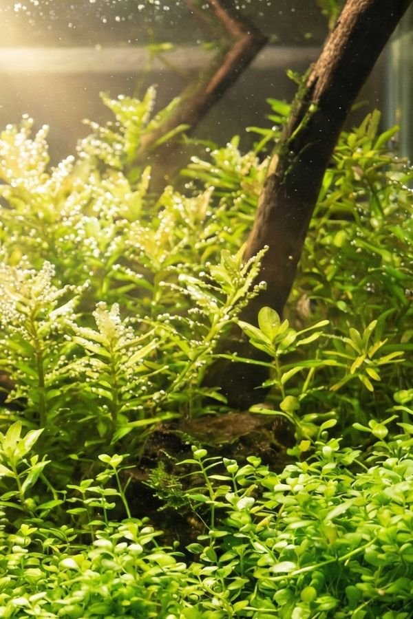 Plantes aquatiques en pleine photosynthèse avec bulles d'oxygène