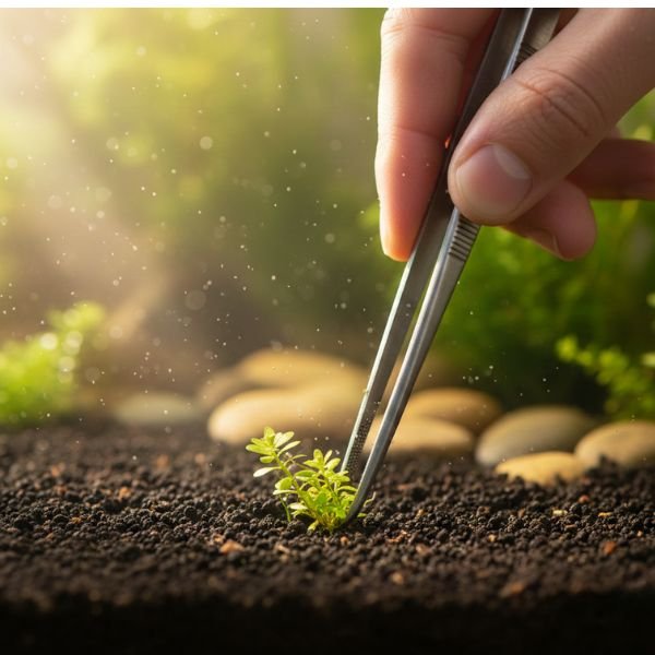 Main utilisant une pince pour planter délicatement une bouture dans le sol d'un aquarium low-tech, illustrant le contact avec la nature