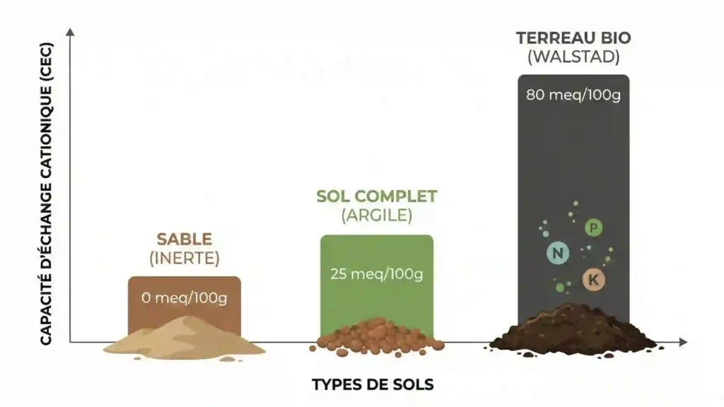 Graphique comparatif de la Capacité d'Échange Cationique (CEC) entre le sable inerte, le sol complet et le terreau de la méthode Walstad.