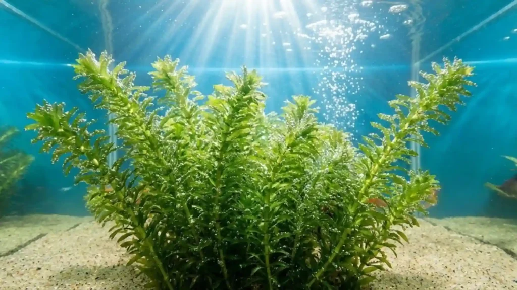 geria Densa (Élodée) en pleine photosynthèse produisant des bulles d'oxygène dans un aquarium naturel low tech.
