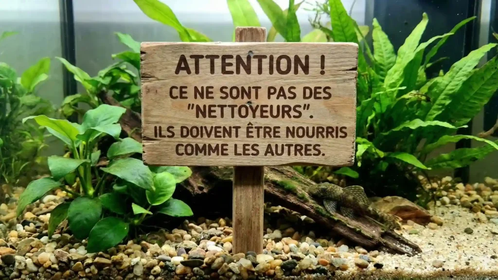 Jeune Ancistrus dans un aquarium, souvent vendu à tort comme poisson nettoyeur de déchets, alors qu'il se nourrit d'algues et de légumes