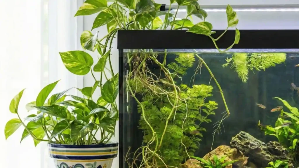 Aquarium naturel sans filtre (Low-tech) filtré par les racines de plantes trempant dans l'eau (Pothos) et une végétation aquatique dense.
