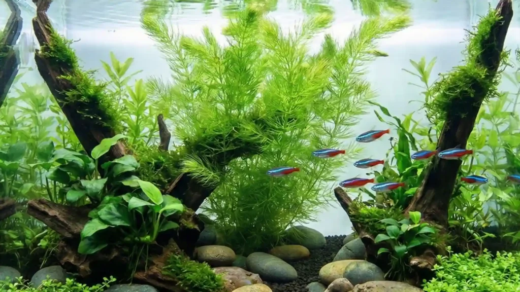 Ceratophyllum demersum dans un aquarium peuplé de Néons. Une plante sans racines qui flotte ou se coince dans le décor pour absorber l'ammoniaque et purifier l'eau.