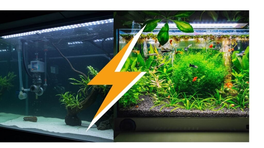 Comparatif visuel frappant : à gauche un aquarium classique encombré de tuyaux et matériel, face à un aquarium naturel sans filtre luxuriant et planté à droite.