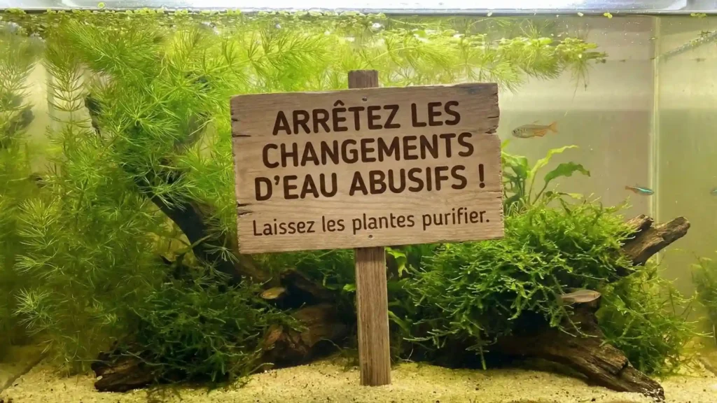 Eau légèrement trouble et verte dans un aquarium Low-tech de 180L, signe de présence de nutriments pour les plantes, lors de l'expérience sans changement d'eau.