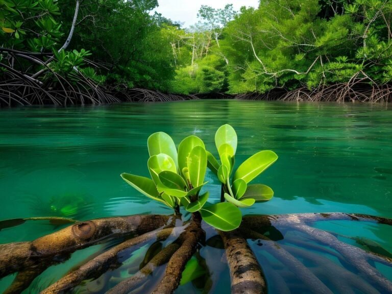 Plante aquatique avec racines immergées dans un aquarium naturel low-tech, illustrant la filtration biologique par les plantes sans filtre ni pompe.