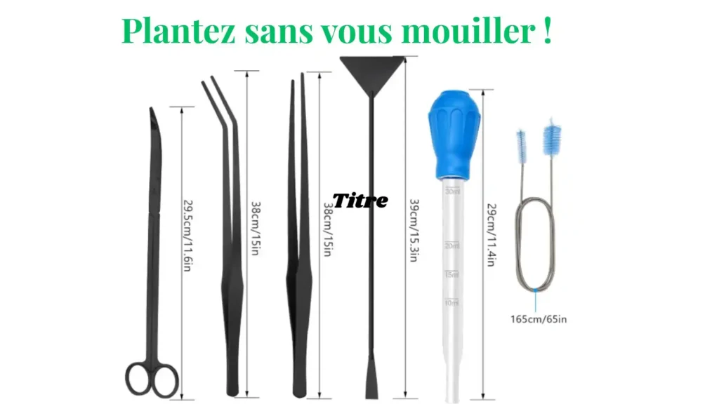 Kit d'outils d'aquascaping en acier inoxydable (Inox) comprenant ciseaux courbes, pinces longues (38cm) et pipette de nettoyage pour aquarium planté.