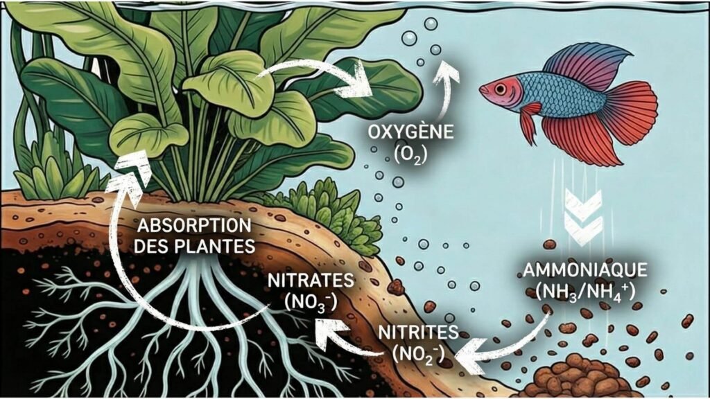 Schéma illustré du cycle de l'azote dans un aquarium sans filtre : transformation de l'ammoniaque et des nitrates par les plantes aquatiques pour produire de l'oxygène.