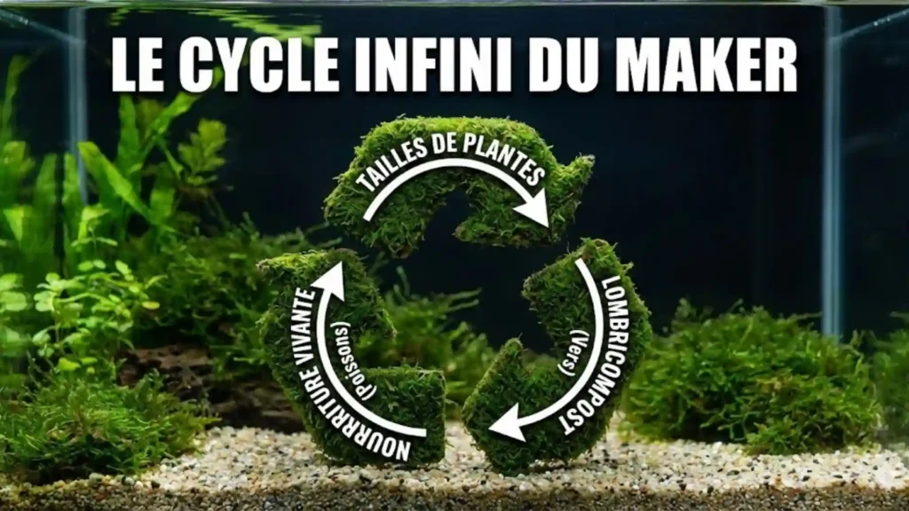 Schéma du cycle infini dans un aquarium low tech : les tailles de plantes nourrissent le lombricompost, qui produit de la nourriture vivante pour les poissons.