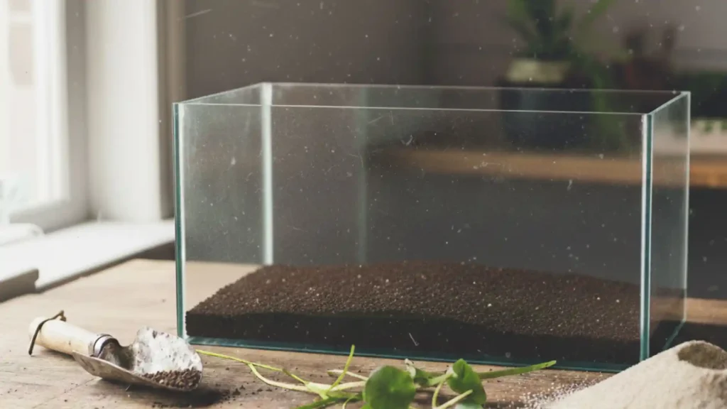 Préparation d'un sol nutritif maison pour aquarium Low-tech avec une couche de terreau tamisé et du sable de piscine.