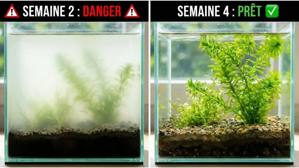 Comparaison en deux images d'un nano-aquarium. À gauche, 'SEMAINE 2 : DANGER' avec une eau trouble et laiteuse due à un bloom bactérien. À droite, 'SEMAINE 4 : PRÊT' avec une eau cristalline, des plantes saines et un petit escargot, indiquant la fin du cycle de l'azote.