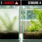 Comparaison en deux images d'un nano-aquarium. À gauche, 'SEMAINE 2 : DANGER' avec une eau trouble et laiteuse due à un bloom bactérien. À droite, 'SEMAINE 4 : PRÊT' avec une eau cristalline, des plantes saines et un petit escargot, indiquant la fin du cycle de l'azote.