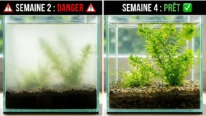 Comparaison en deux images d'un nano-aquarium. À gauche, 'SEMAINE 2 : DANGER' avec une eau trouble et laiteuse due à un bloom bactérien. À droite, 'SEMAINE 4 : PRÊT' avec une eau cristalline, des plantes saines et un petit escargot, indiquant la fin du cycle de l'azote.