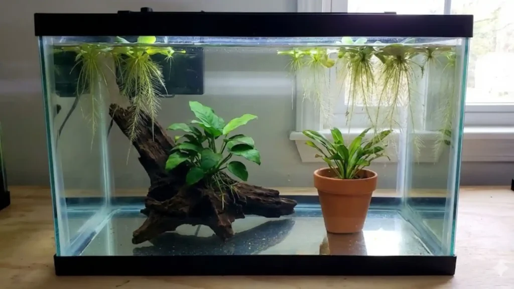 Aquarium de type Bare Bottom (sans substrat) avec plantes en pot et épiphytes sur racine.