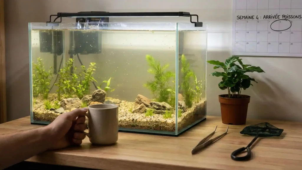 Aquariophile patientant devant son bac avec un calendrier indiquant l'arrivée des poissons à la semaine 4, respectant le cycle de l'azote.