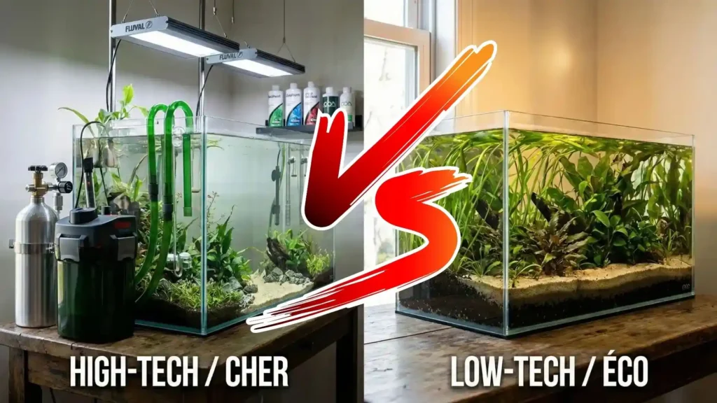 Comparatif visuel budget : Aquarium High-tech coûteux avec filtre vs Aquarium Low-tech économique sans filtre