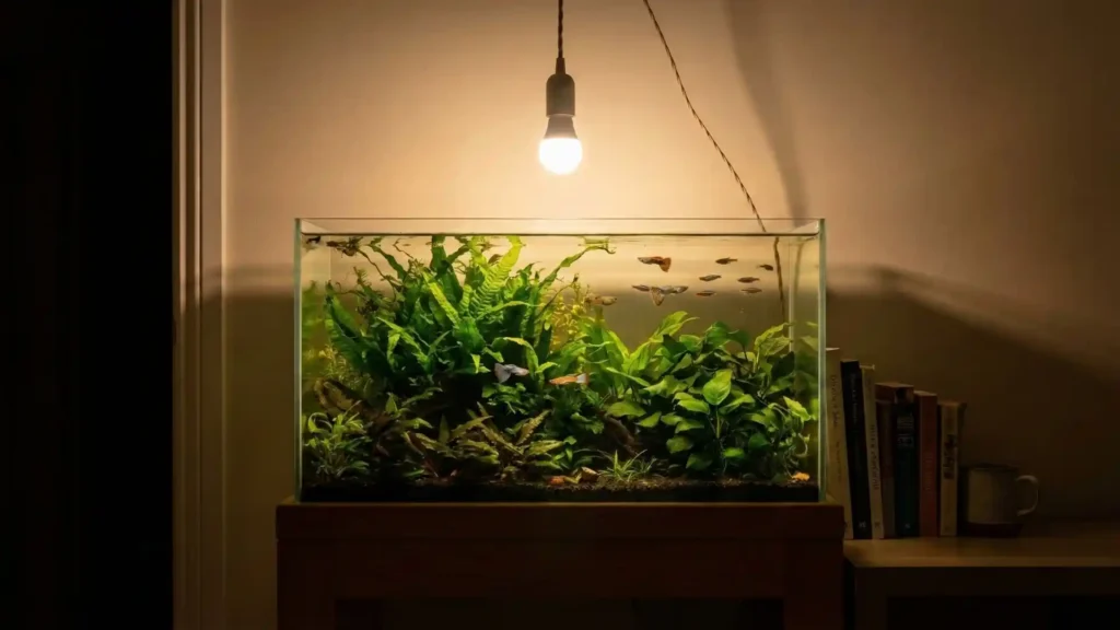 Aquarium Low-tech naturel éclairé par une seule lampe LED : zéro filtre et faible consommation électrique
