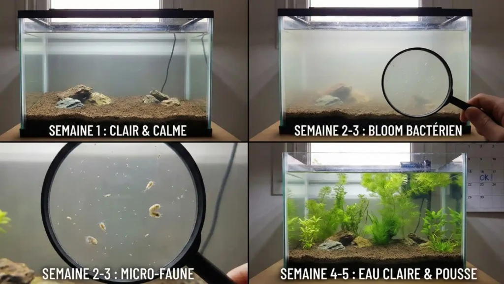 Chronologie visuelle du cycle de l'azote : Semaine 1 (calme), Semaine 2-3 (Bloom bactérien eau trouble et micro-faune), Semaine 4-5 (Eau claire et plantes).