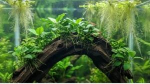 Exemple de plantes d'aquarium sans substrat : Anubias fixées sur une racine et plantes flottantes filtrant l'eau.