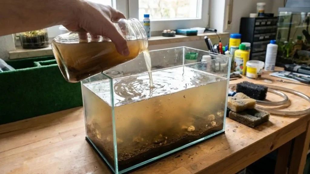 quariophile versant un bocal de Mulm (jus de filtre riche en bactéries) dans un nouvel aquarium pour accélérer le démarrage du cycle de l'azote.
