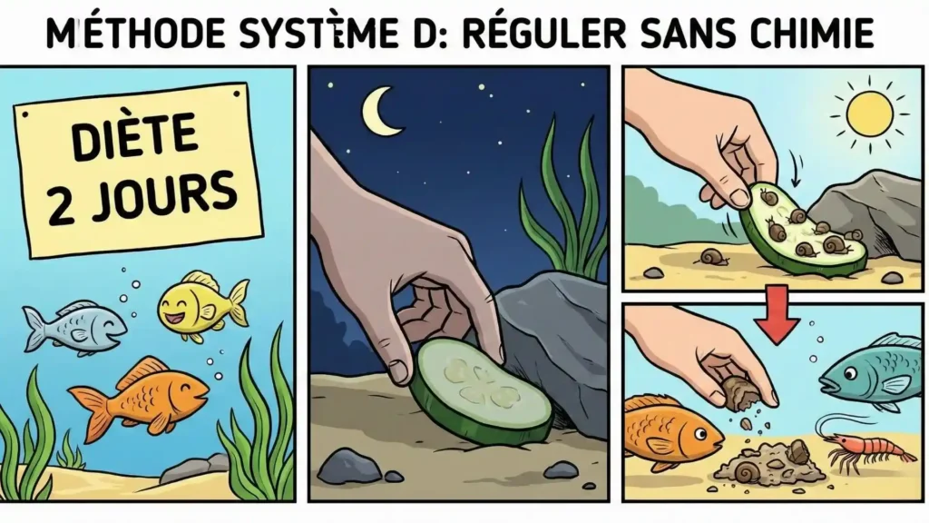 Bande dessinée tutoriel montrant la méthode naturelle pour réguler les escargots en aquarium : faire une diète de 2 jours, placer une rondelle de concombre la nuit, et retirer le piège rempli d'escargots le matin sans utiliser de produits chimiques.