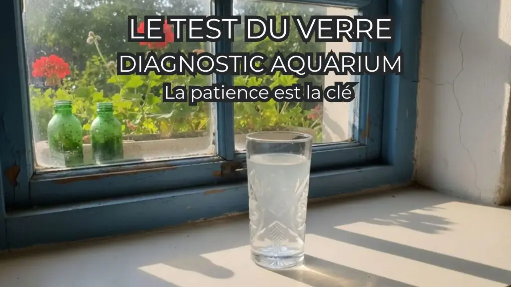 Infographie du test du verre pour le diagnostic d'un bloom bactérien en aquarium.