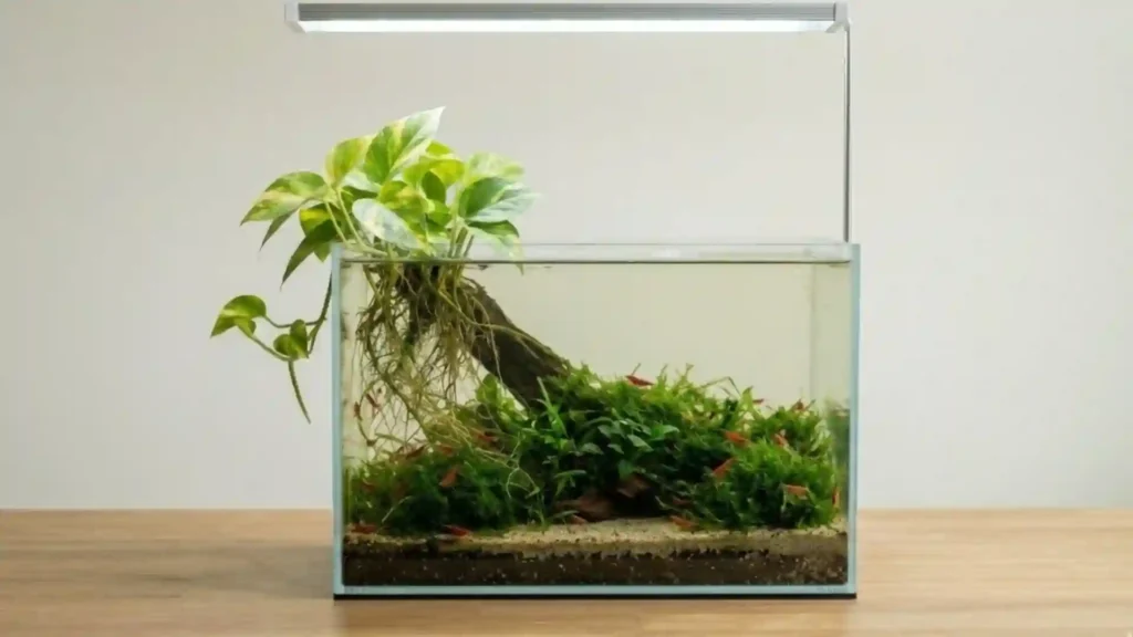 Nano aquarium Low-tech avec Pothos en émersion et crevettes Red Cherry écosystème autonome capable de tenir 3 semaines sans intervention