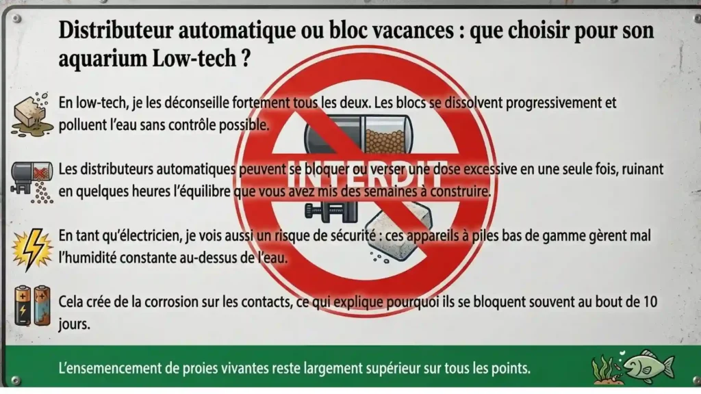 Infographie Low-tech : distributeur automatique et bloc vacances interdits en aquarium naturel risques de pollution et de panne expliqués