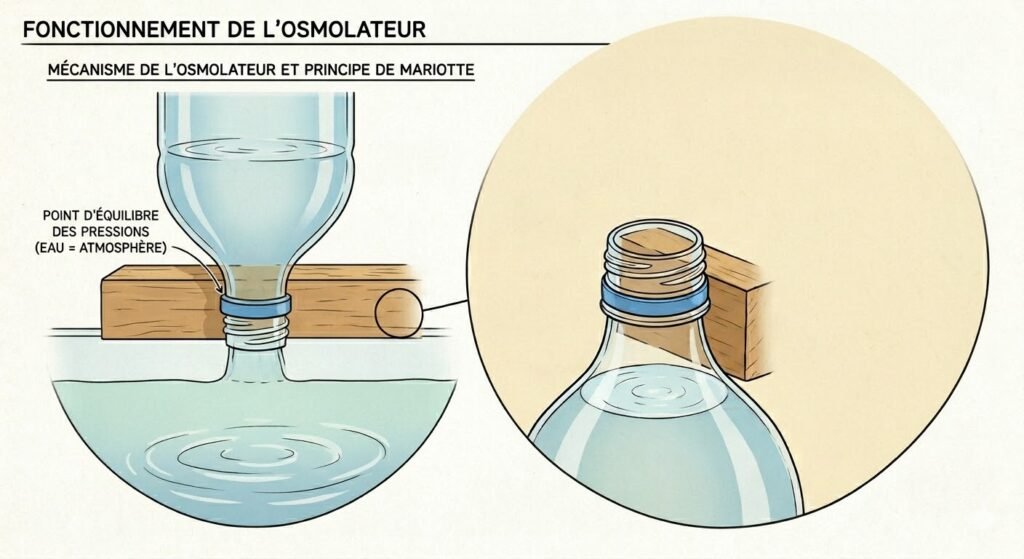 Schéma du fonctionnement de l'osmolateur DIY avec bouteille renversée et principe de Mariotte système de compensation d'évaporation pour aquarium Low-tech pendant les vacances