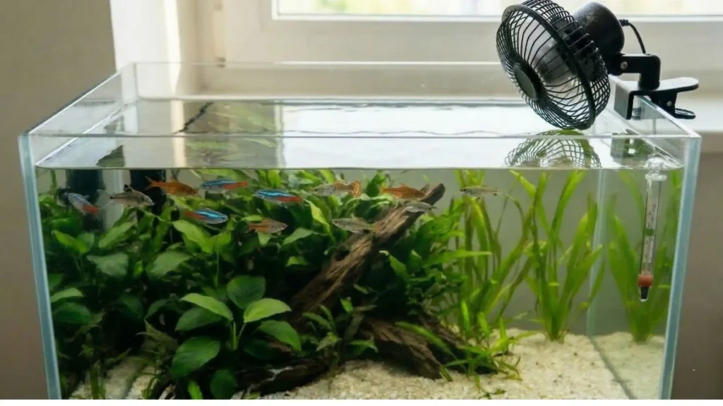 ventilateur aquarium naturel low-tech canicule évaporation forcée refroidir eau