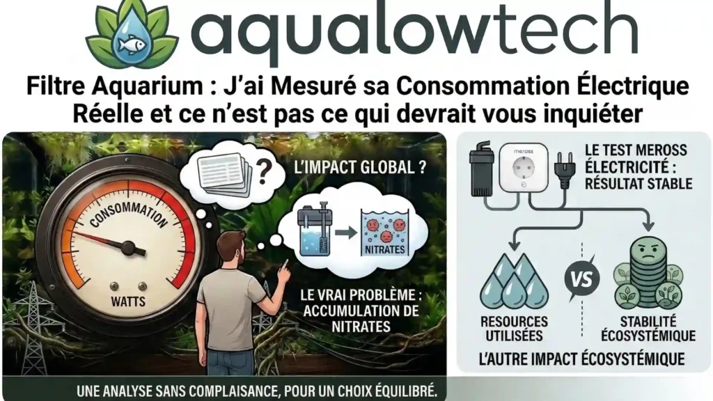 Infographie Audit n°2 Aqualowtech consommation électrique réelle d'un filtre externe mesurée avec une prise Meross, impact nitrates inclus