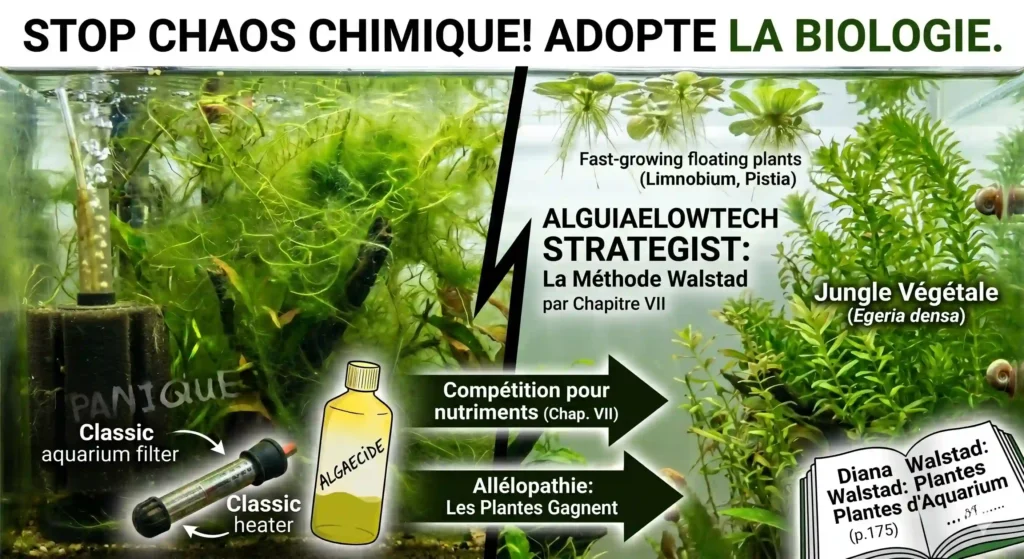 Infographie comparative entre un aquarium classique envahi d'algues et la méthode Walstad équilibrée avec des plantes épuratrices et un sol vivant.