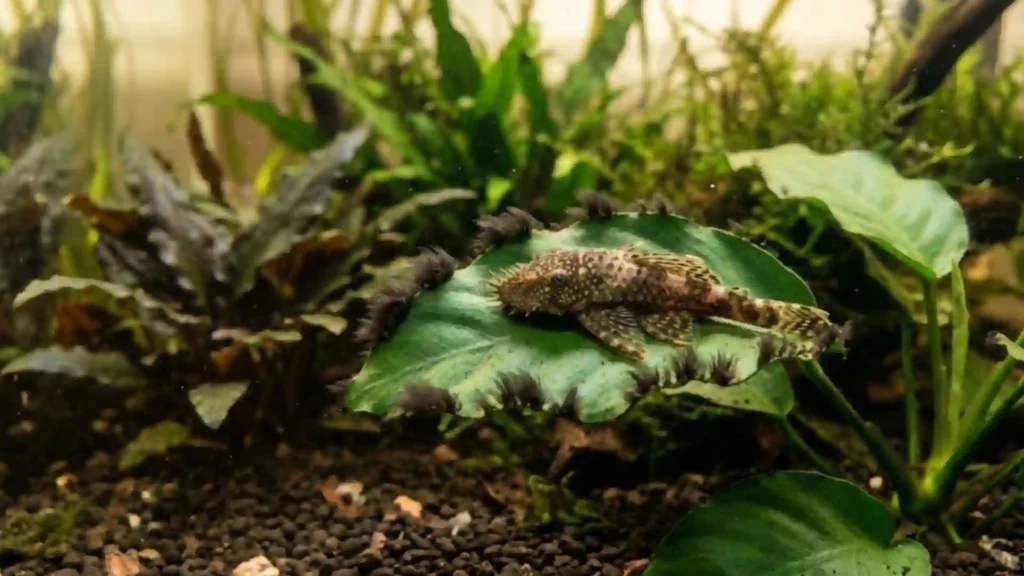 Photo d'un poisson Ancistrus sur une feuille d'Anubias entourée d'algues pinceaux noires, illustrant l'inefficacité des poissons contre ces algues.