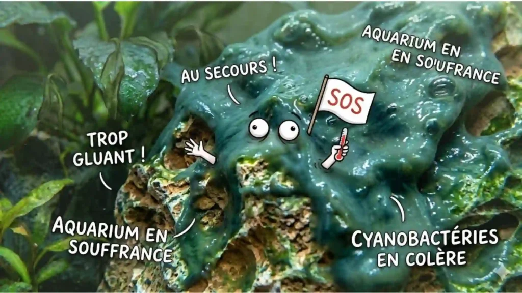 Illustration humoristique d'une roche d'aquarium recouverte de cyanobactérie avec des yeux et un drapeau SOS.