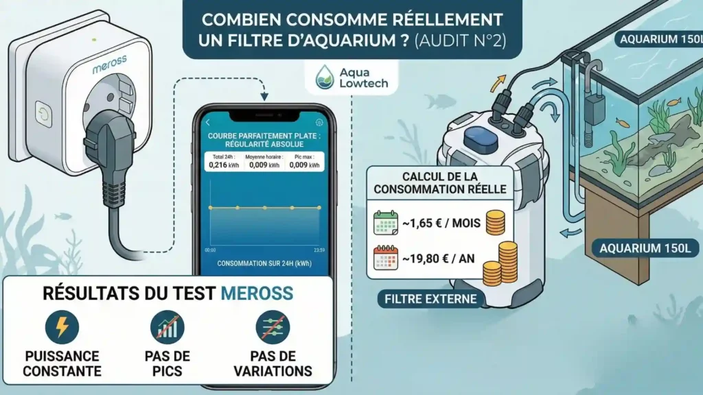 Test Meross sur filtre externe aquarium 150L — consommation réelle 0,216 kWh/jour, soit 19,80 € par an