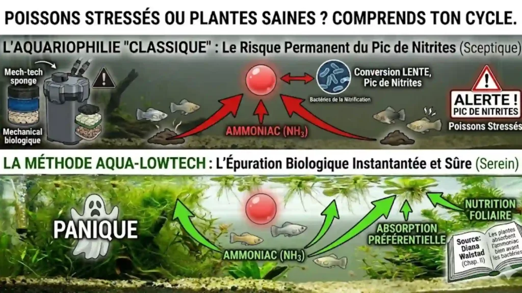 Comparaison du cycle de l'azote entre un aquarium classique avec filtre (risque de pic de nitrites) et la méthode AquaLowtech avec plantes épuratrices absorbant l'ammoniac.