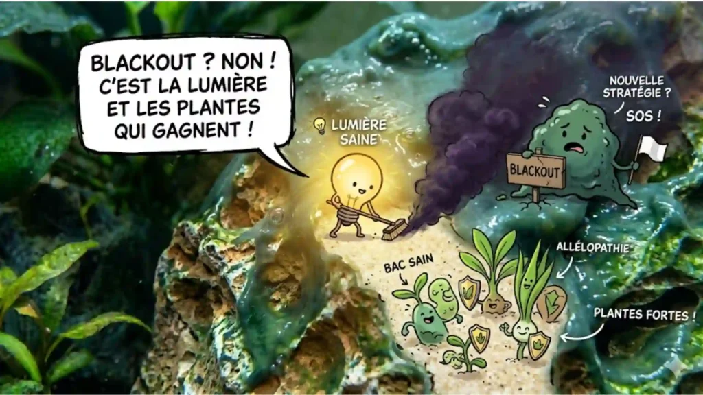 Illustration humoristique montrant l'échec du blackout : les plantes d'aquarium s'affaiblissent et appellent au secours tandis que la cyanobactérie survit dans le noir.