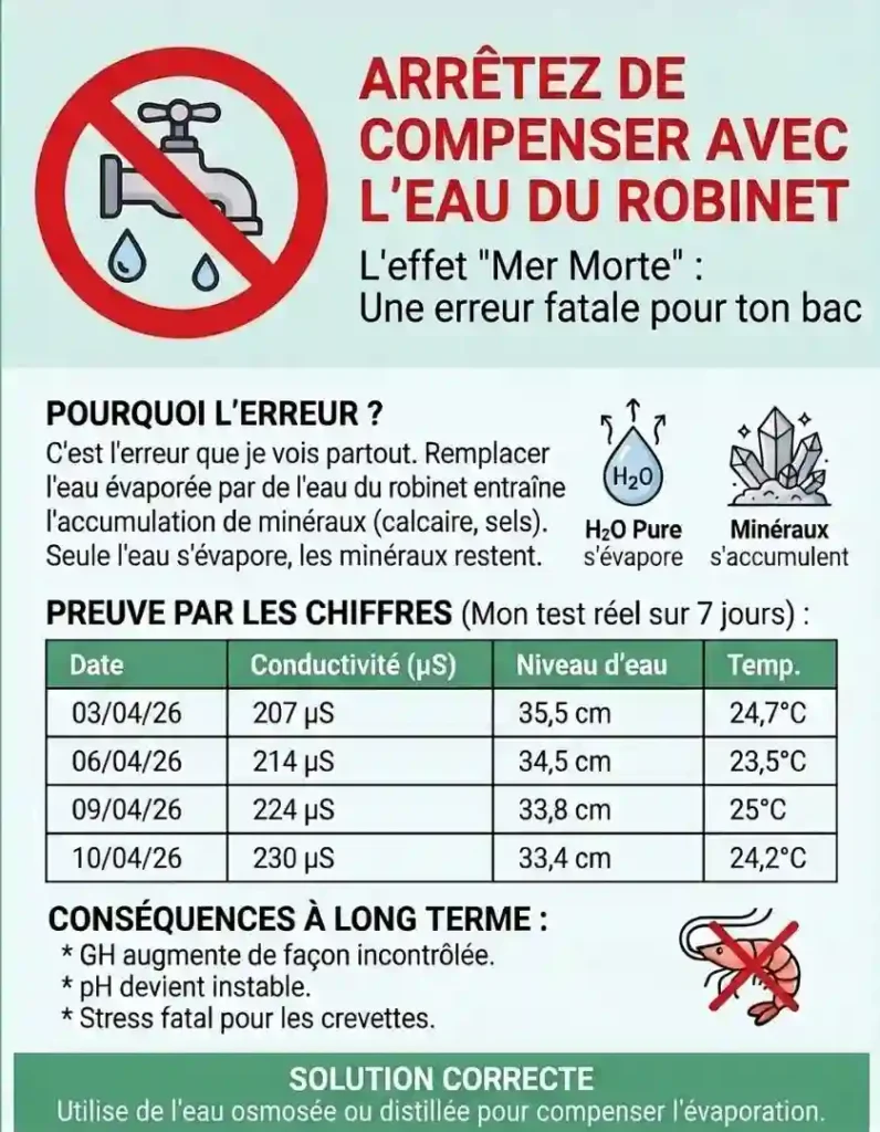 Infographie effet Mer Morte : accumulation de minéraux quand on compense l'évaporation avec de l'eau du robinet données réelles sur 7 jours
