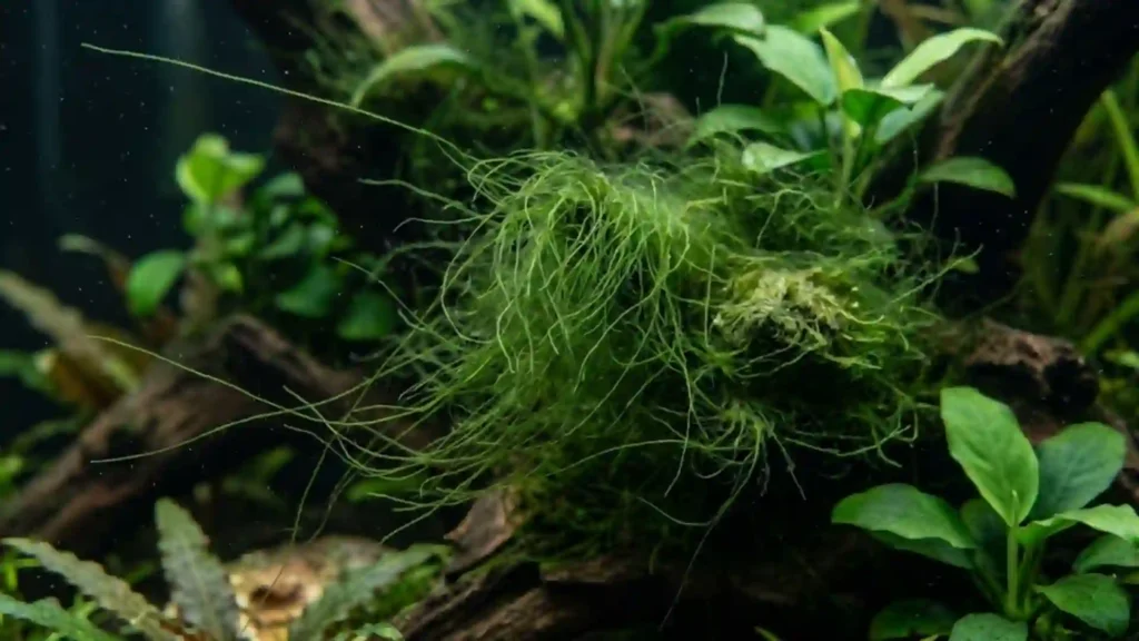 Gros plan d'identification des algues filamenteuses vertes sur des plantes d'aquarium, montrant la texture de fils emmêlés typique d'un déséquilibre en Low-tech.