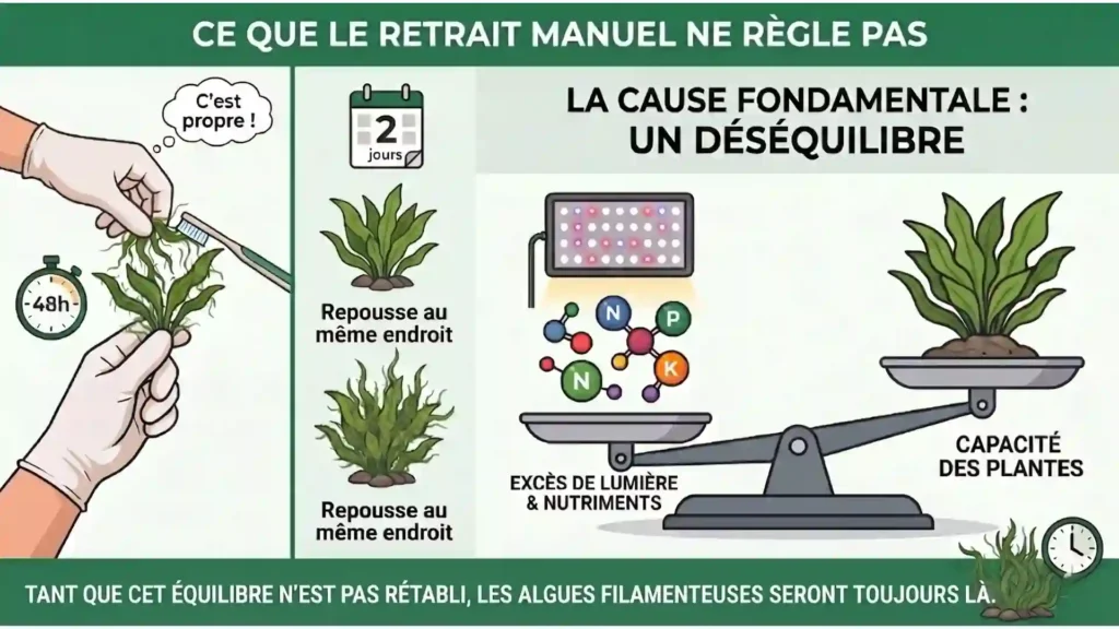 Schéma expliquant pourquoi les algues filamenteuses aquarium envahissent le bac : déséquilibre lumière et nutriments