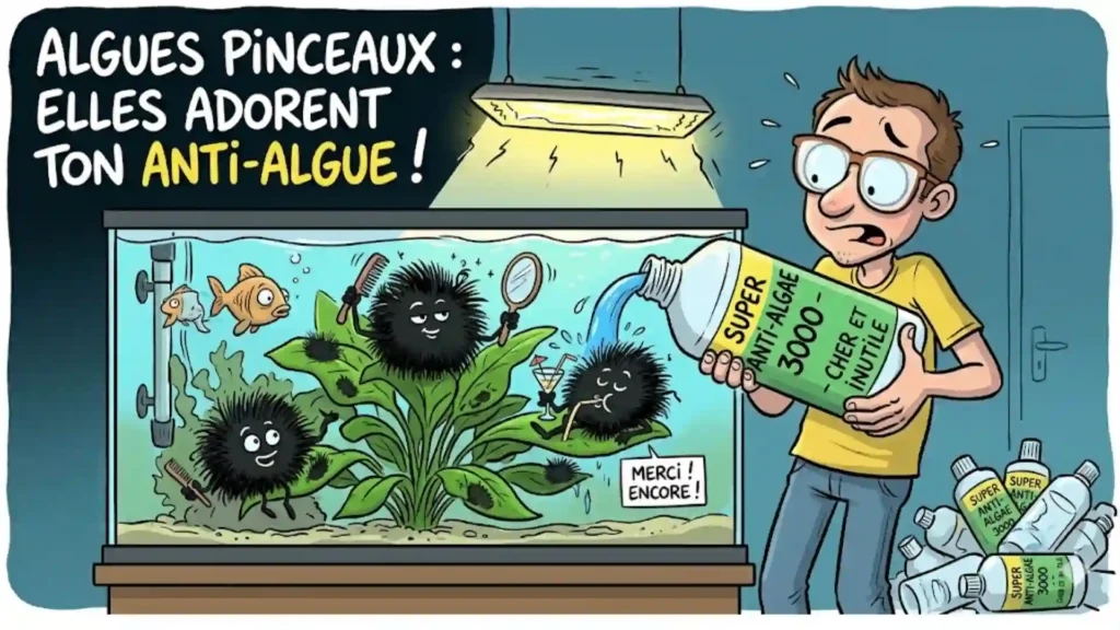 Illustration humoristique montrant l'inefficacité des produits anti-algues classiques contre les algues pinceaux en aquarium