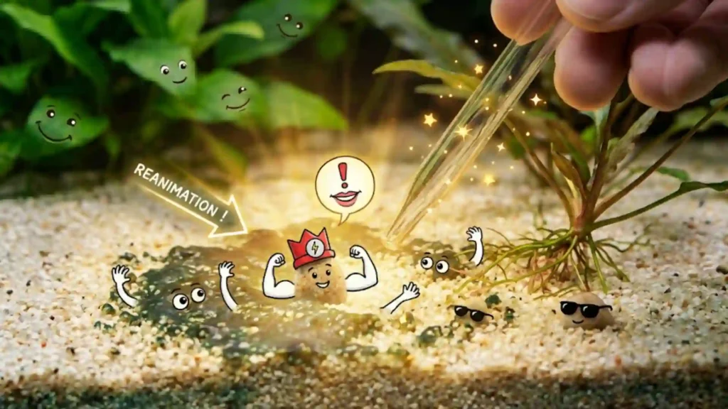 Illustration humoristique montrant des grains de sable d'aquarium qui reprennent vie et chassent la cyanobactérie grâce à une aspiration ciblée.